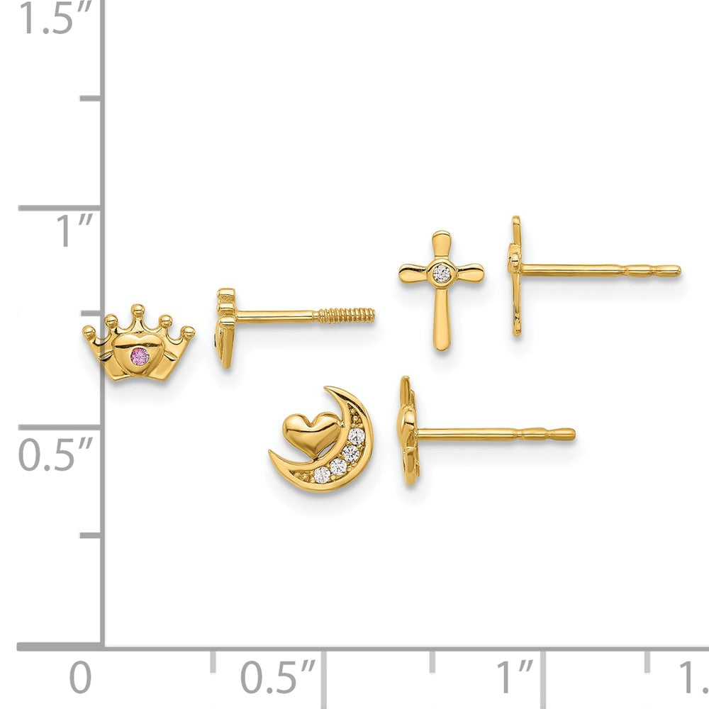 14K Polished Clear and Pink CZ Moon/Cross/Crown 3-Pair Post Earring Set (1.1 grams)