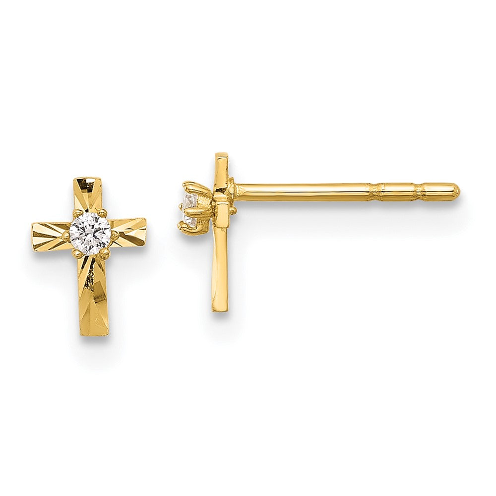 14k Yellow Gold 5.2 mm Polished and D/C CZ Cross Post Earrings (0.29 grams)