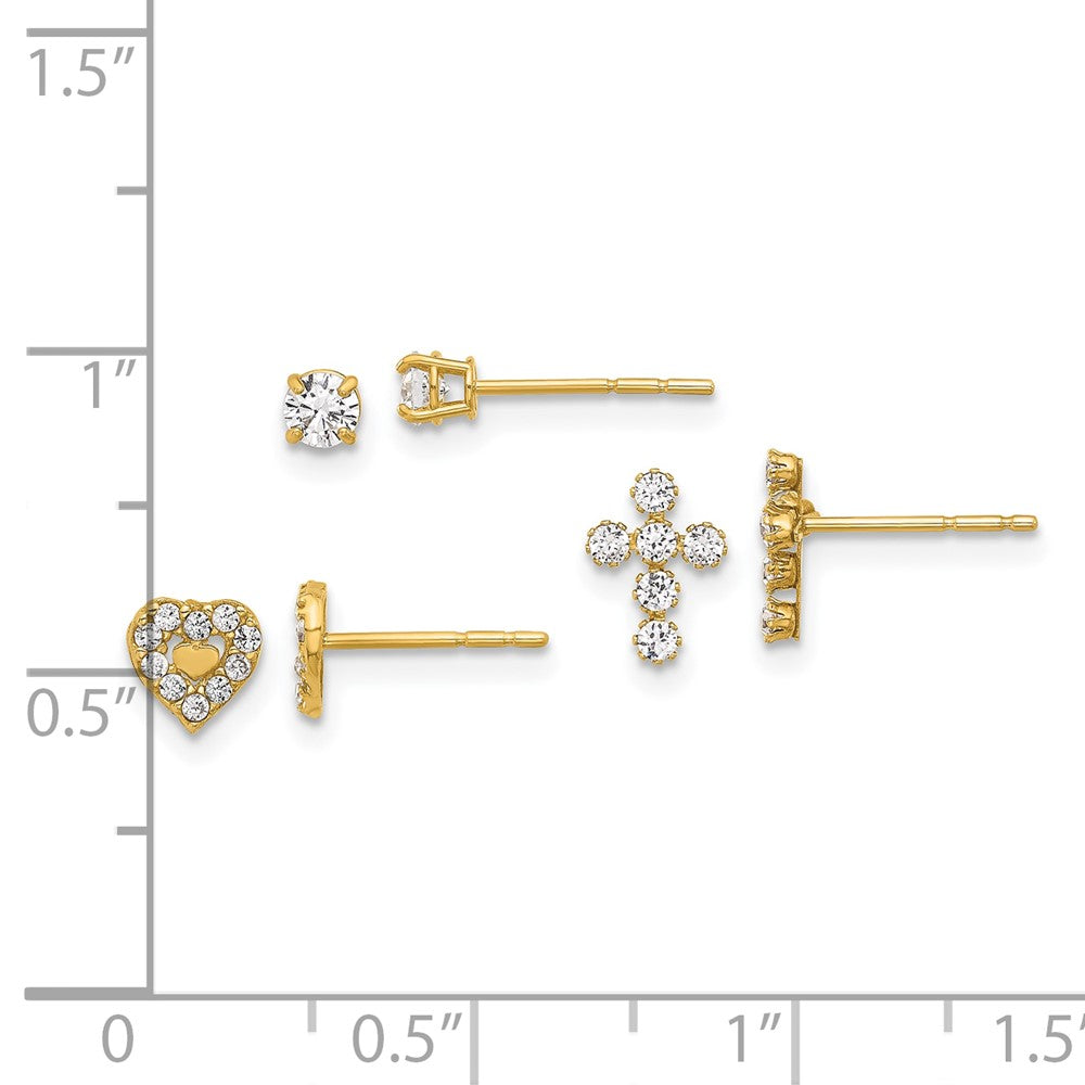 14K Polished 3mm CZ/Cross/Heart 3-Pair Post Earring Set (0.84 grams)
