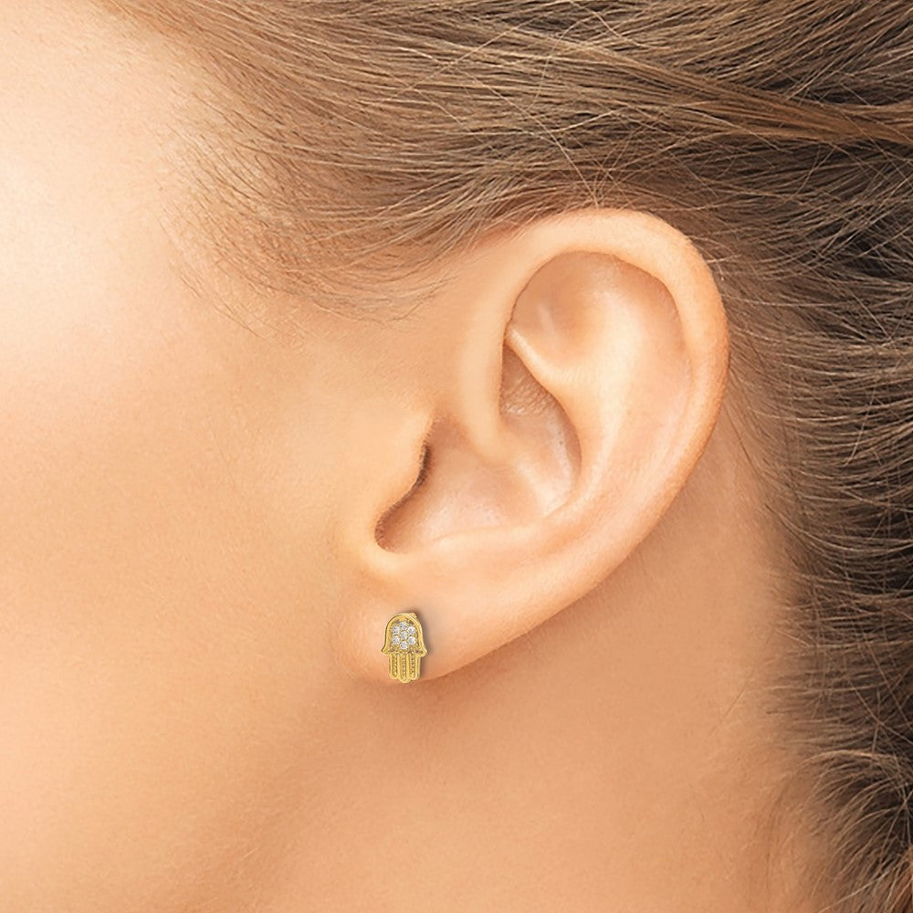 14k Yellow Gold 6 mm Polished CZ Hamsa Post Earrings (0.48 grams)