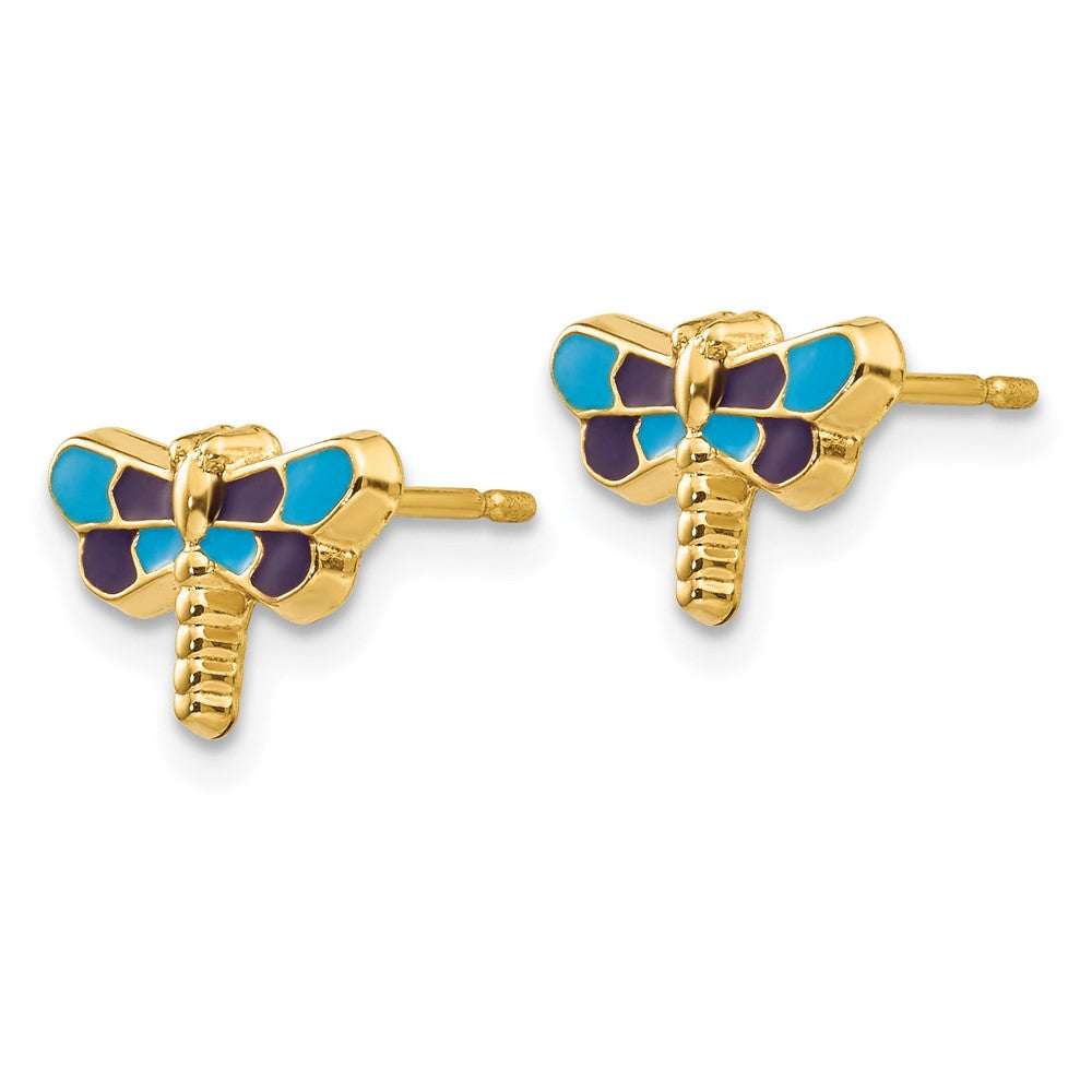 14k Yellow Gold 11 mm Enameled Dragonfly Earrings (0.65 grams)