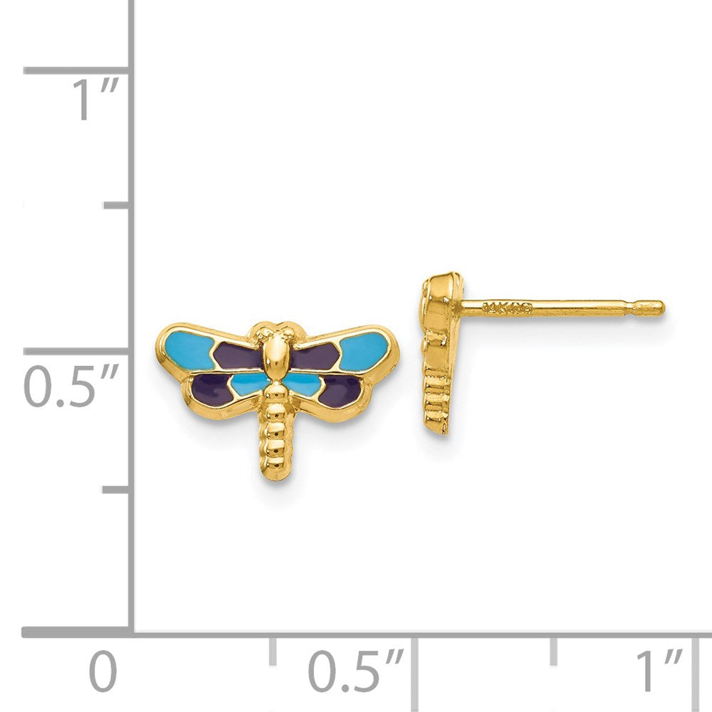 14k Yellow Gold 11 mm Enameled Dragonfly Earrings (0.65 grams)