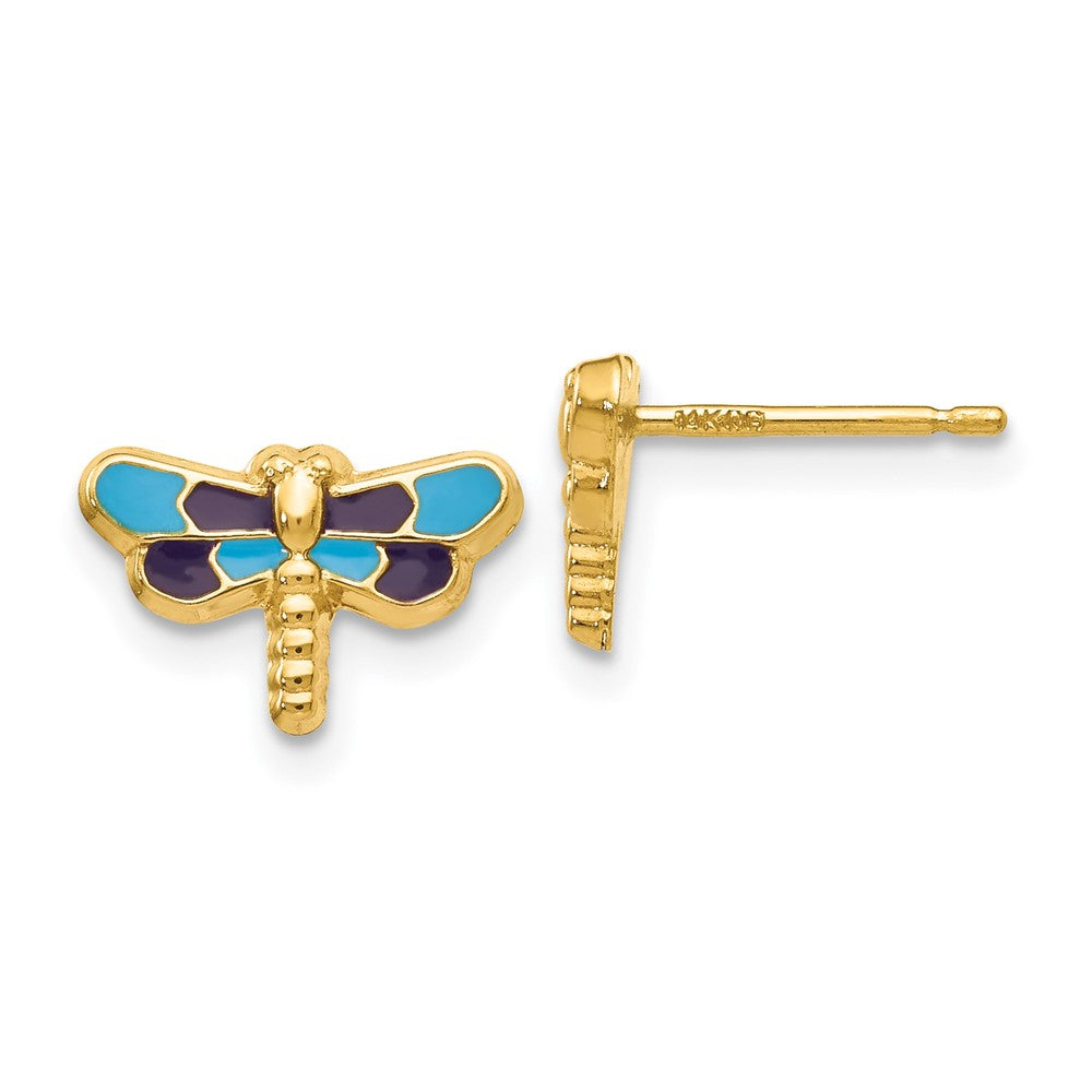 14k Yellow Gold 11 mm Enameled Dragonfly Earrings (0.65 grams)