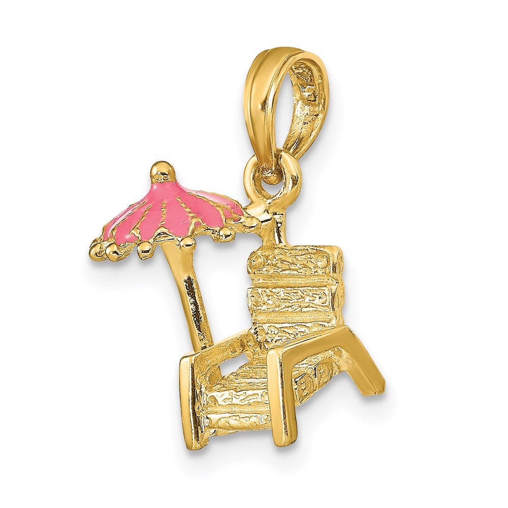 14k Yellow Gold 7.6 mm 3-D Pink Enamel Beach Chair and Umbrella Charm (2.19 grams)