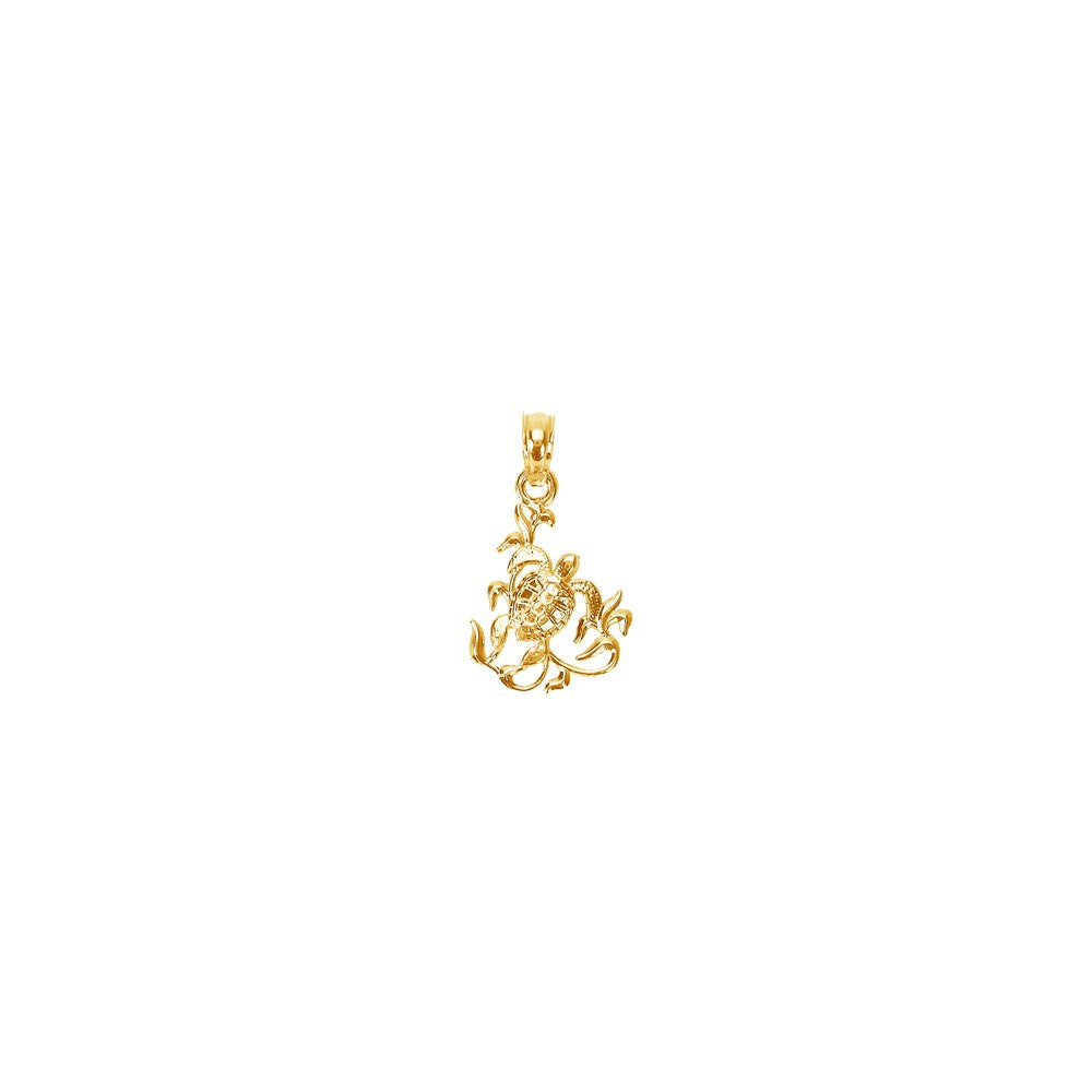 14k Yellow Gold 11.9 mm Textured Mini Sea Turtle and Kelp Charm (0.7 grams)