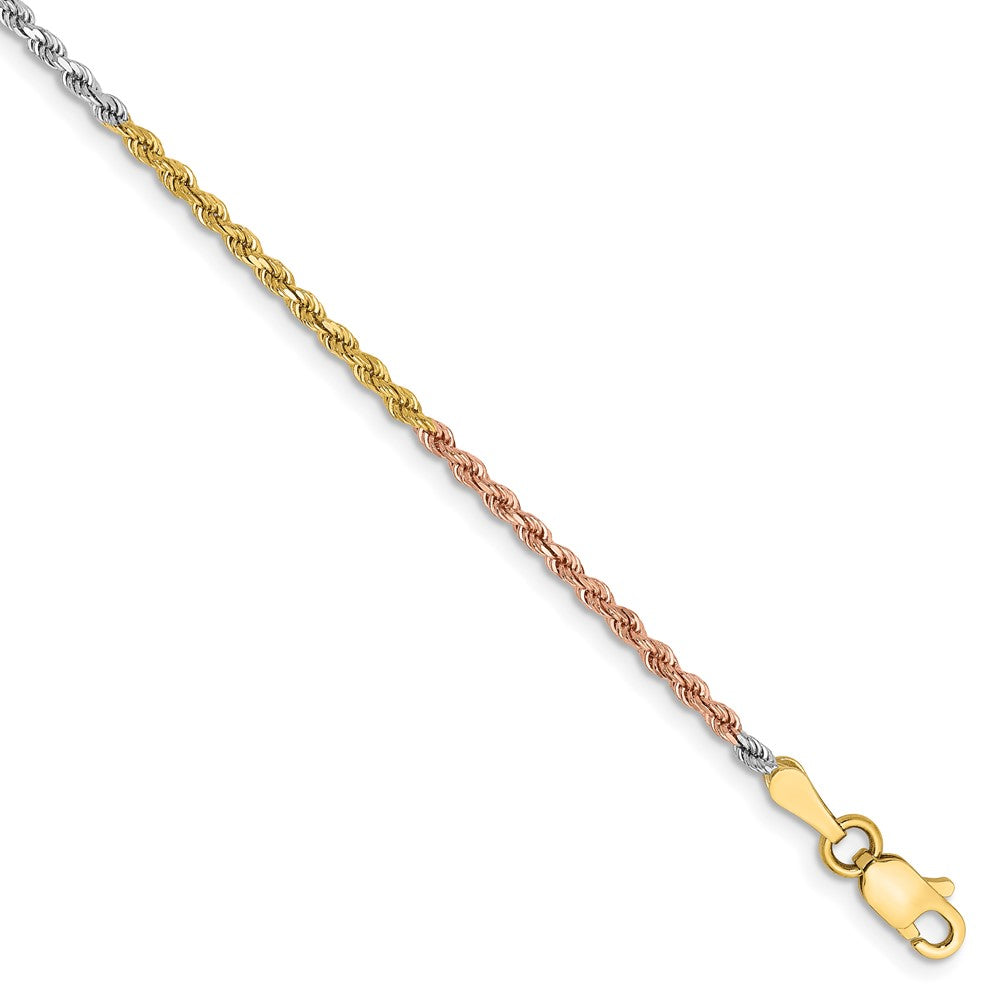 14k Tri-Color 1.75 mm Diamond-cut Rope with Lobster Clasp Anklet (2.88 grams)