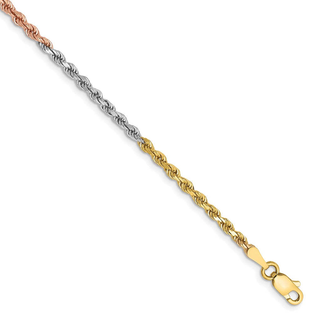 14k Tri-Color 2.5 mm Diamond-cut Rope with Lobster Clasp Bracelet (3.45 grams)