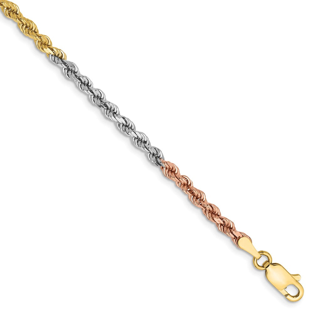 14k Tri-Color 2.9 mm Diamond-cut Rope with Lobster Clasp Bracelet (4.83 grams)