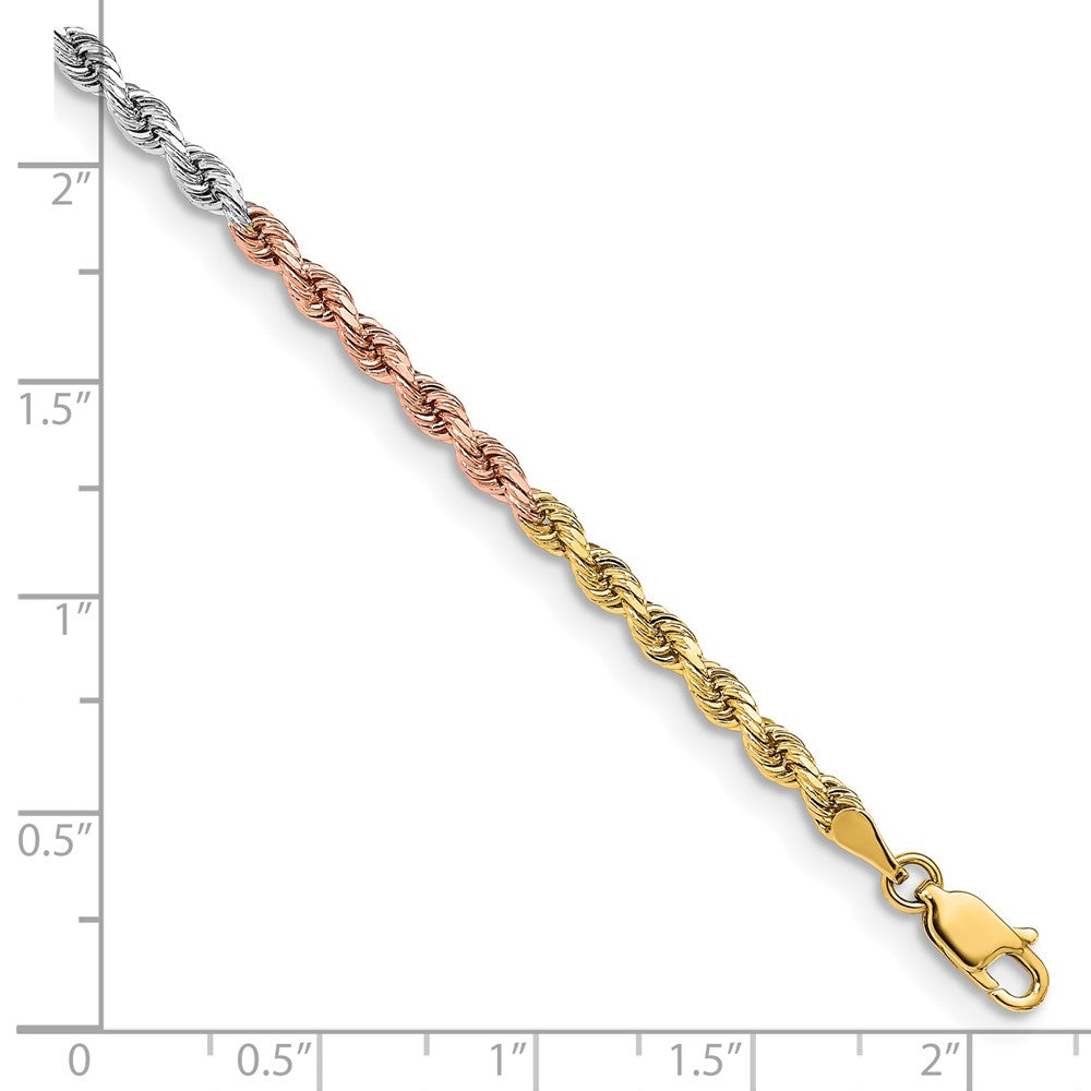 14k Tri-Color 3 mm Diamond-cut Rope with Lobster Clasp Bracelet (6.74 grams)