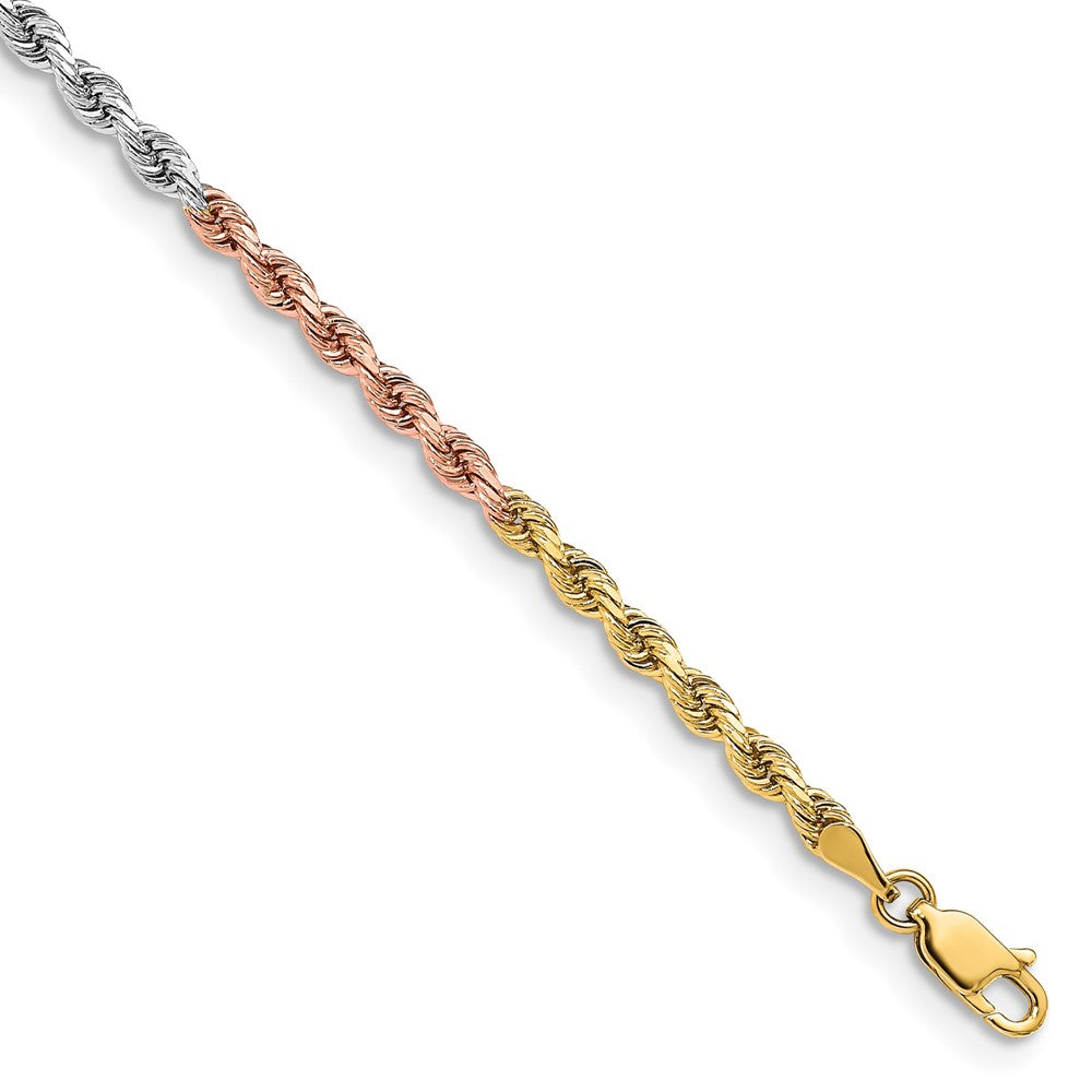14k Tri-Color 3 mm Diamond-cut Rope with Lobster Clasp Bracelet (6.74 grams)