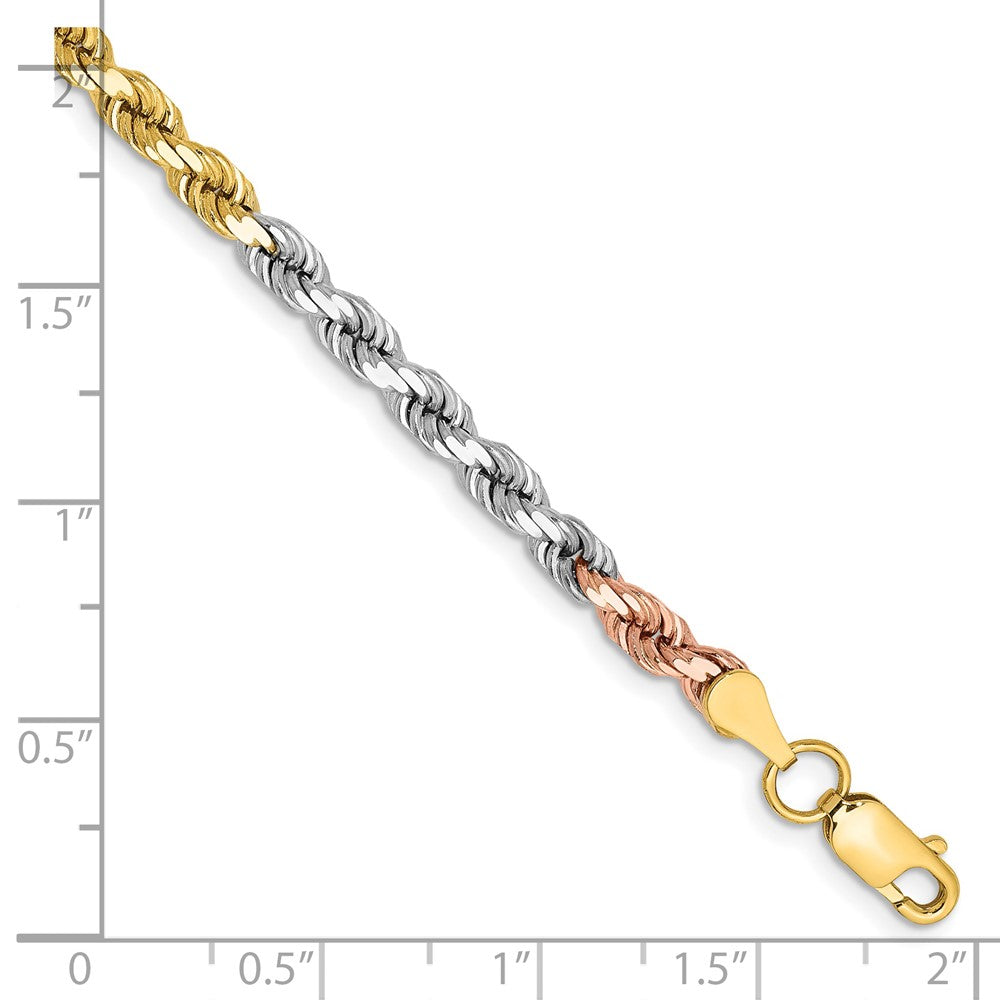 14k Tri-Color 4 mm Diamond-cut Rope with Lobster Clasp Bracelet (9.72 grams)