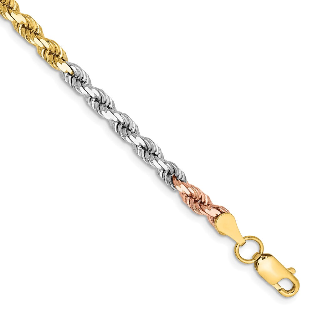 14k Tri-Color 4 mm Diamond-cut Rope with Lobster Clasp Bracelet (9.72 grams)