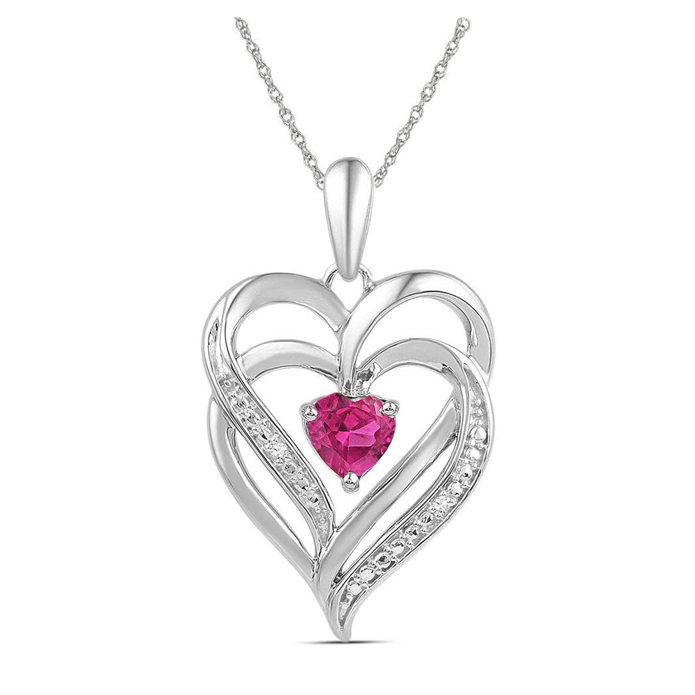Sterling Silver Womens Round Synthetic Pink Sapphire Double Heart Pendant 3/4 Cttw