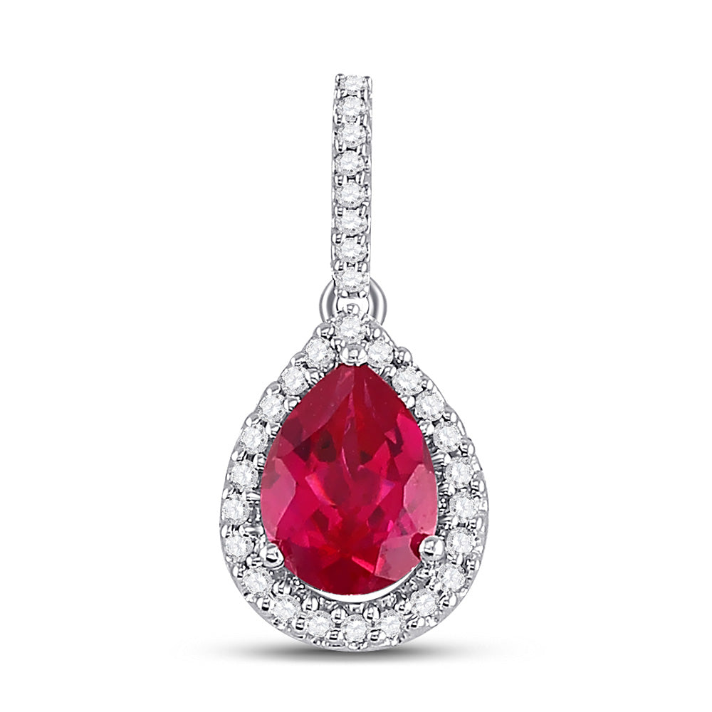10kt White Gold Womens Pear Synthetic Ruby Solitaire Diamond Frame Pendant 1-7/8 Cttw