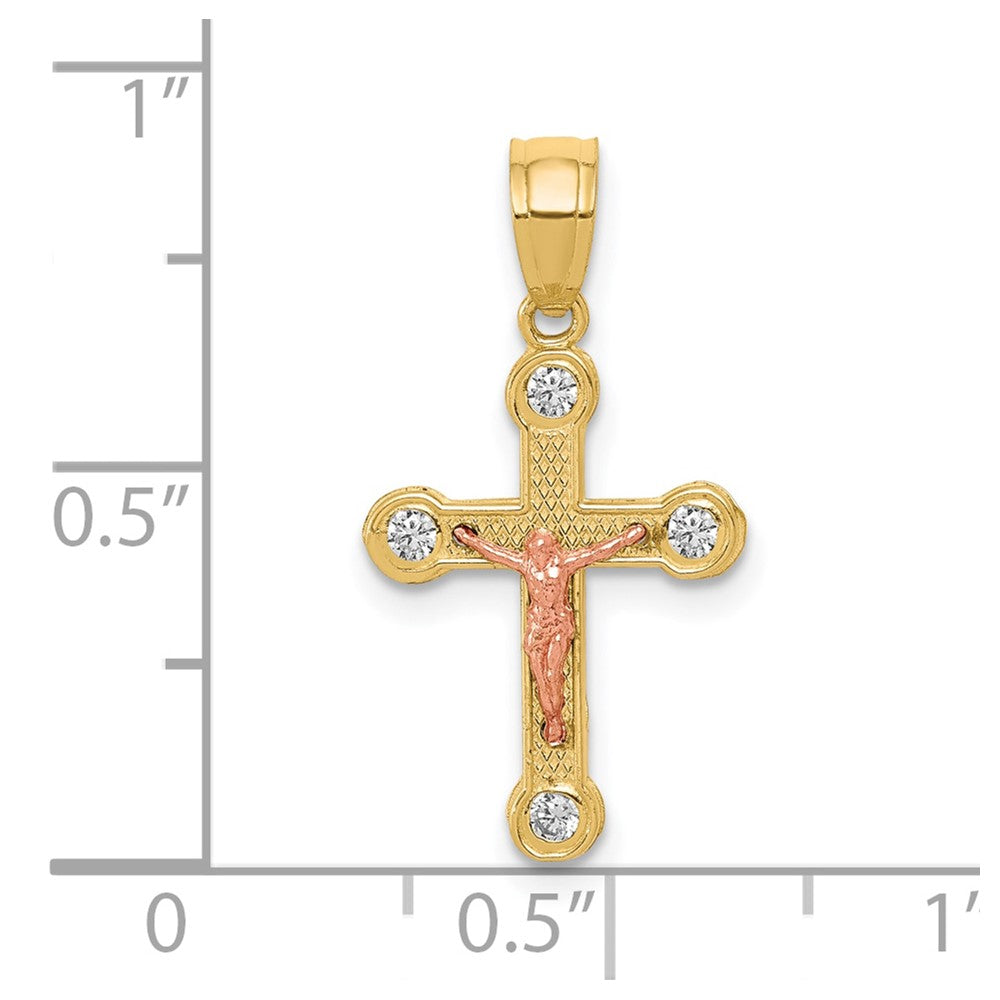 10k Two-tone 11 mm Yellow and Rose Gold CZ Cubic Zirconia Jesus Crucifix Pendant (0.7 grams)