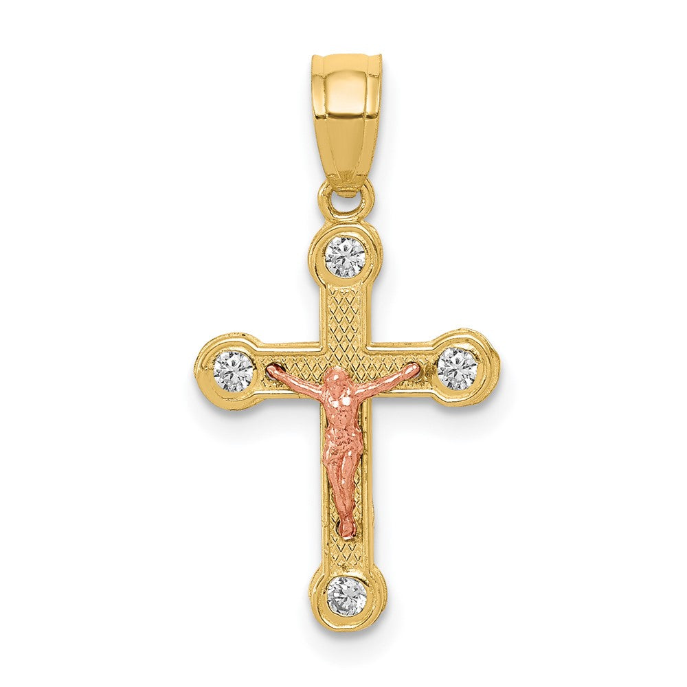 10k Two-tone 11 mm Yellow and Rose Gold CZ Cubic Zirconia Jesus Crucifix Pendant (0.7 grams)