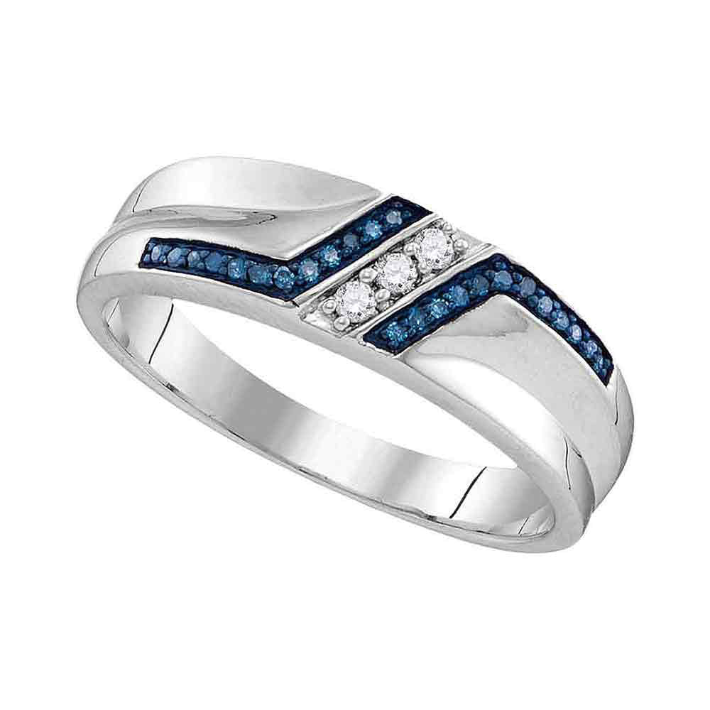 Sterling Silver Band Wedding Ring 1/5 Cttw Round Blue Color Treated Diamond Mens (3.33 grams)