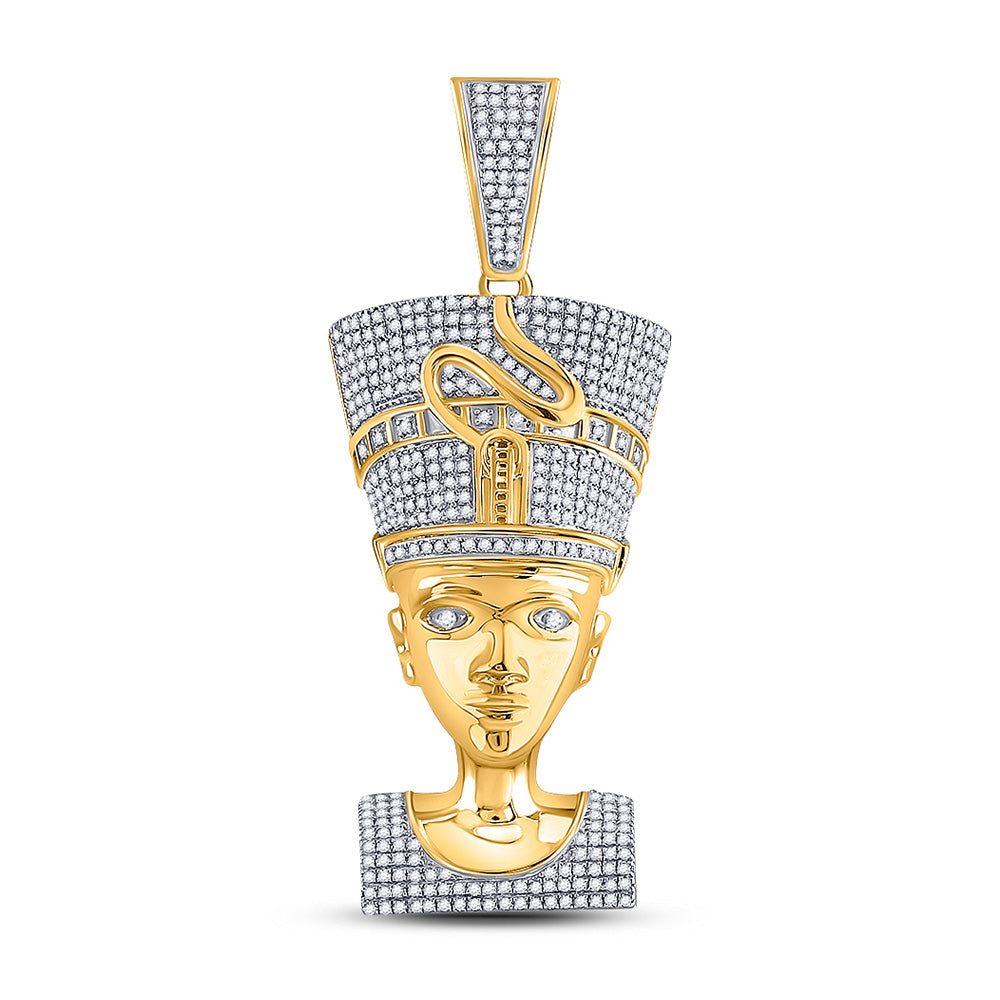 10kt Yellow Gold Mens Round Diamond Nefertiti Pharaoh Charm Pendant 1-1/3 Cttw