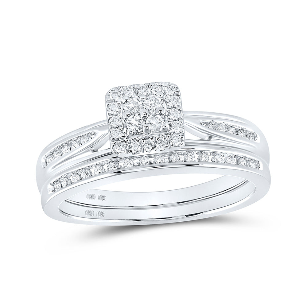 10kt White Gold Diamond Square Cluster Bridal Wedding Ring Band Set 1/4 Cttw