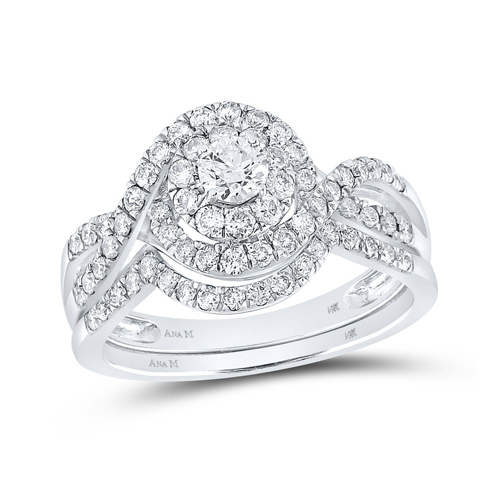 14kt White Gold Round Diamond Swirl Halo Bridal Wedding Ring Band Set 1 Cttw