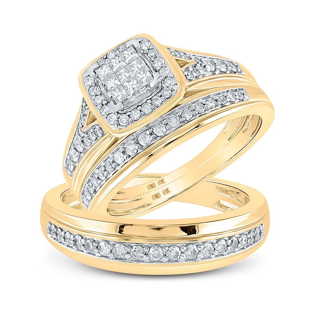 10kt Yellow Gold His Hers Princess Diamond Square Matching Wedding Set 3/4 Cttw