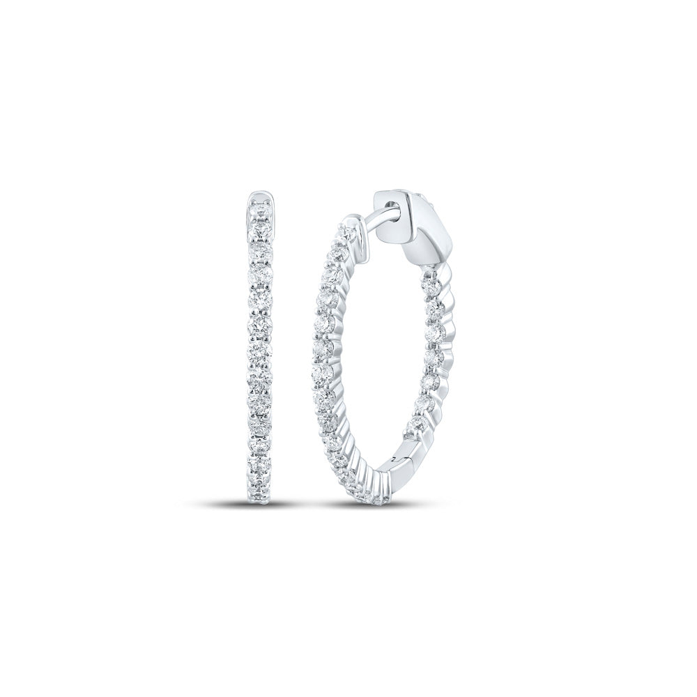 10kt White Gold Womens Round Inside Outside Diamond Hoop Earrings 1 Cttw