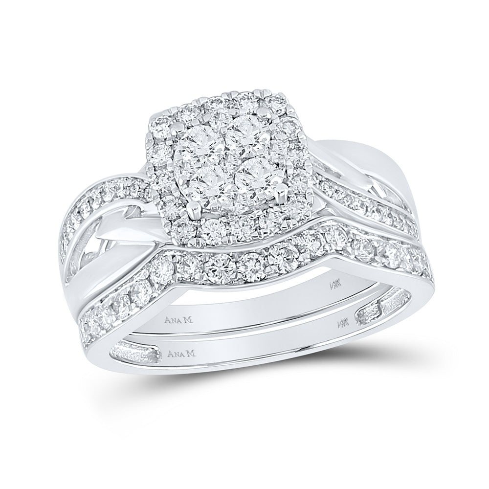 14kt White Gold Round Diamond Cluster Bridal Wedding Ring Band Set 1 Cttw