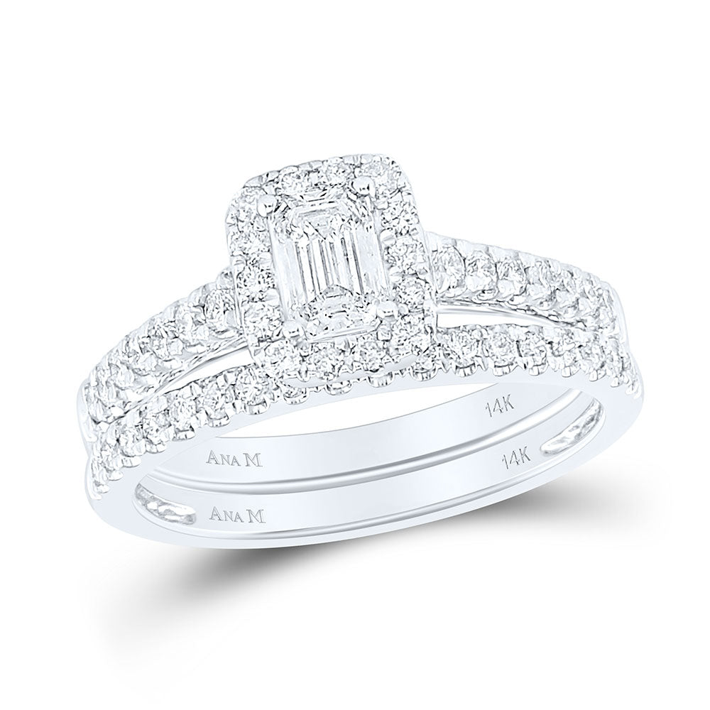 14kt White Gold Emerald Diamond Bridal Wedding Ring Band Set 1 Cttw