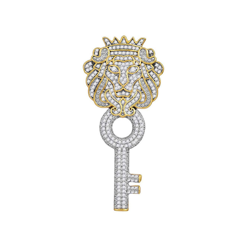 10kt Yellow Gold Mens Round Diamond King Lion Key Charm Pendant 7/8 Cttw