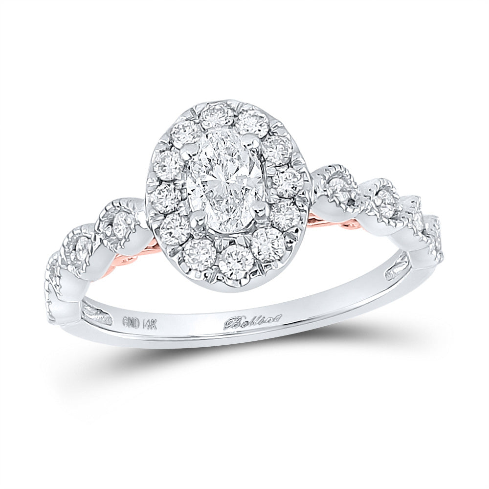 14kt Two-tone Gold Oval Diamond Halo Bridal Wedding Engagement Ring 3/4 Cttw