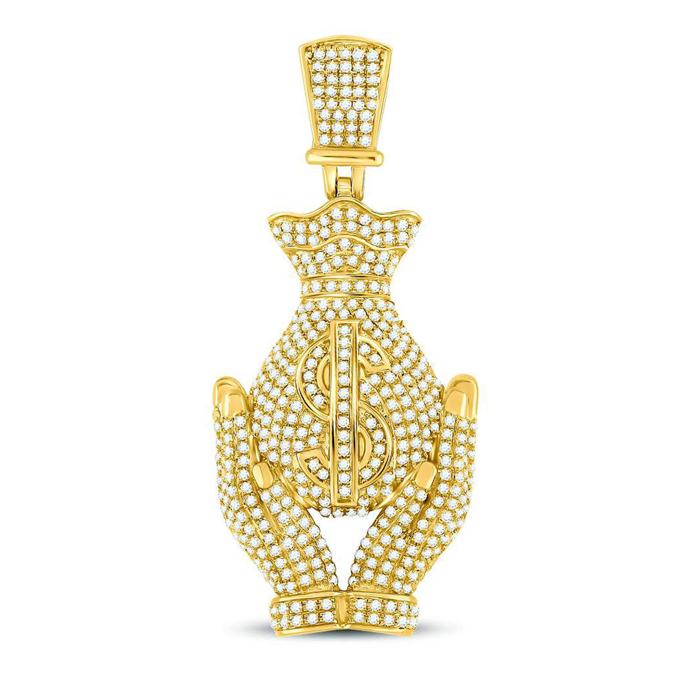 10kt Yellow Gold Mens Round Diamond Money Bag Hands Charm Pendant 2 Cttw