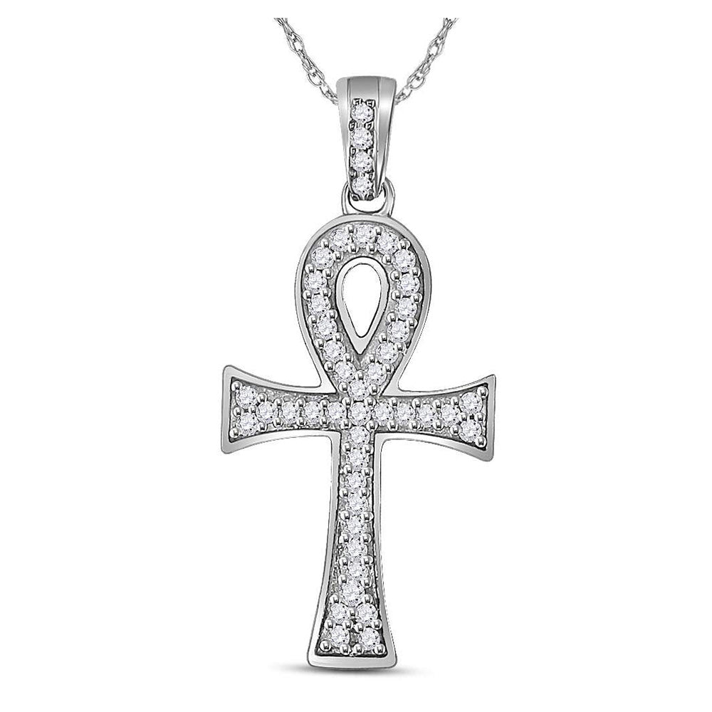 10kt White Gold Mens Round Diamond Ankh Cross Charm Pendant 1/5 Cttw