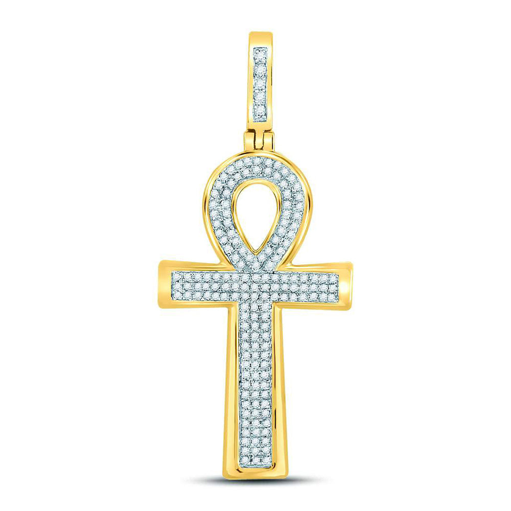 10kt Yellow Gold Mens Round Diamond Ankh Cross Charm Pendant 1/3 Cttw