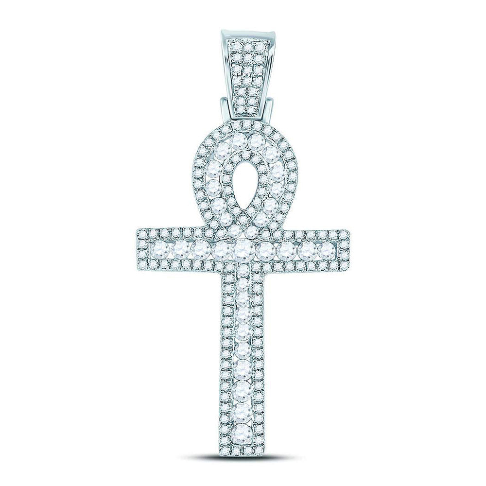 10kt White Gold Mens Round Diamond Ankh Cross Charm Pendant 1 Cttw