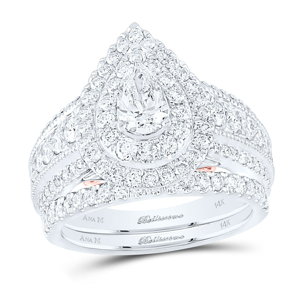 14kt Two-tone Gold Pear Diamond Bridal Wedding Ring Band Set 2 Cttw