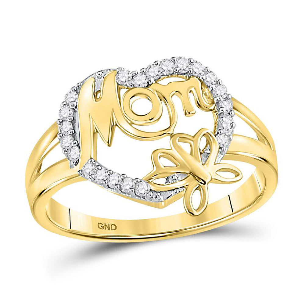10kt Yellow Gold Womens Round Diamond Mom Heart Butterfly Ring 1/6 Cttw