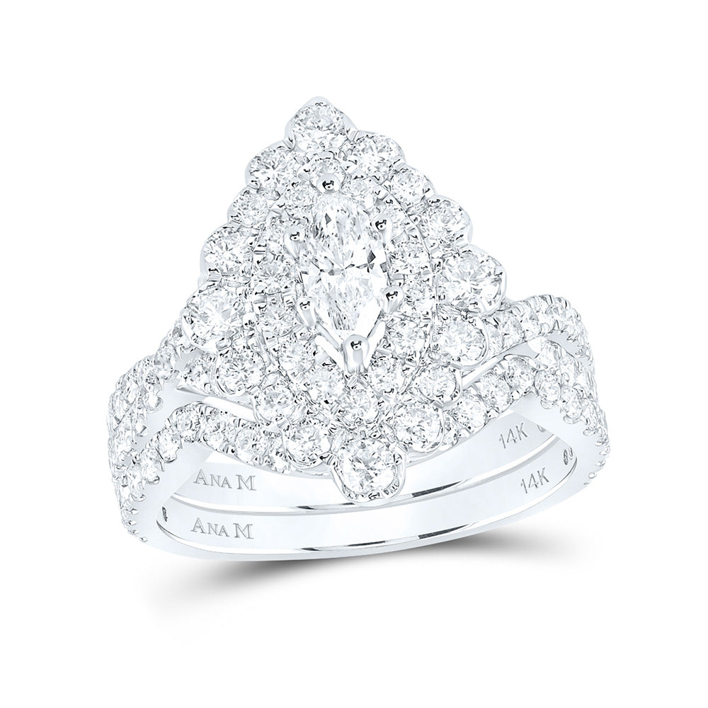 14kt White Gold Marquise Diamond Halo Bridal Wedding Ring Band Set 1-7/8 Cttw