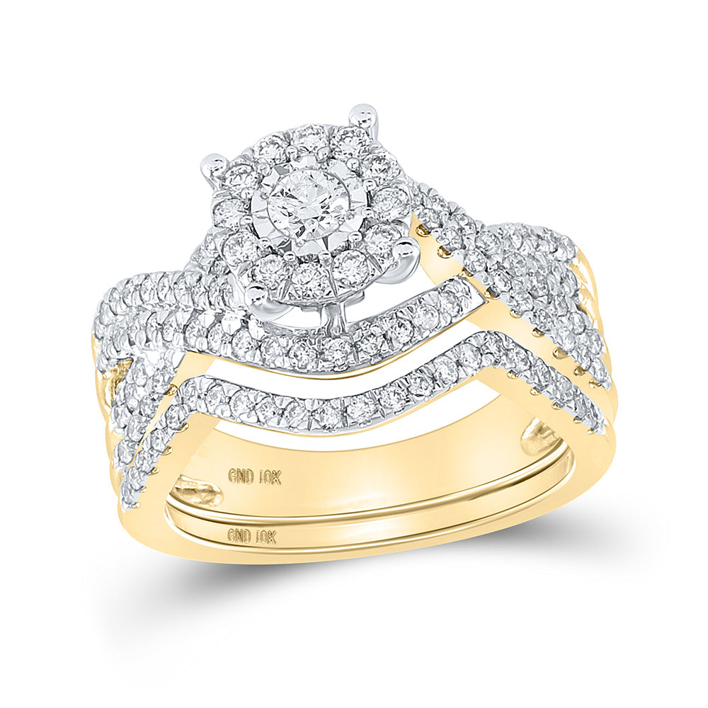 10kt Yellow Gold Round Diamond Contoured Bridal Wedding Ring Band Set 1 Cttw