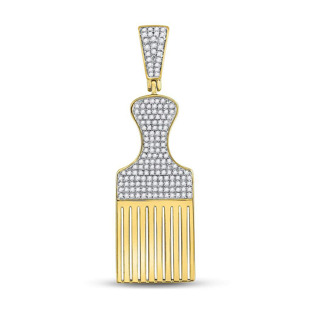 10kt Yellow Gold Mens Round Diamond Afro Hair Pick Charm Pendant 1/2 Cttw