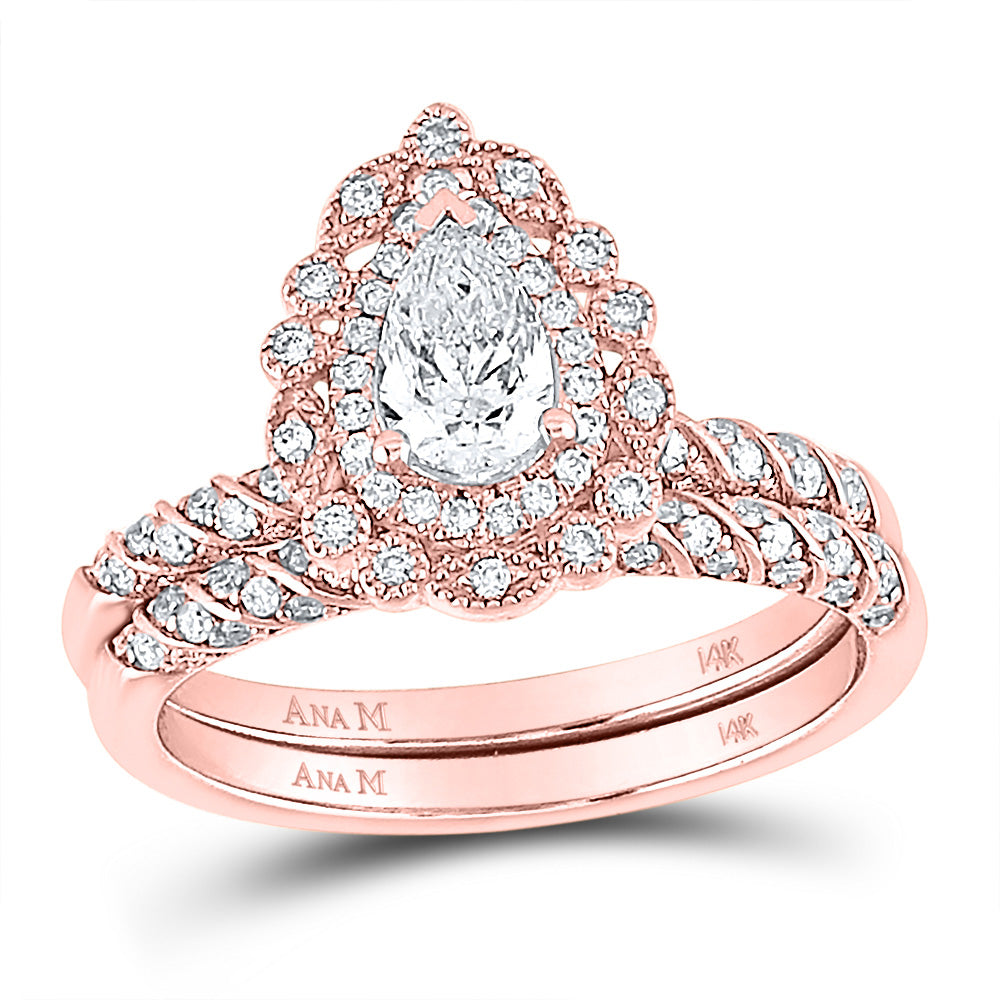 14kt Rose Gold Pear Diamond Halo Bridal Wedding Ring Band Set 1 Cttw