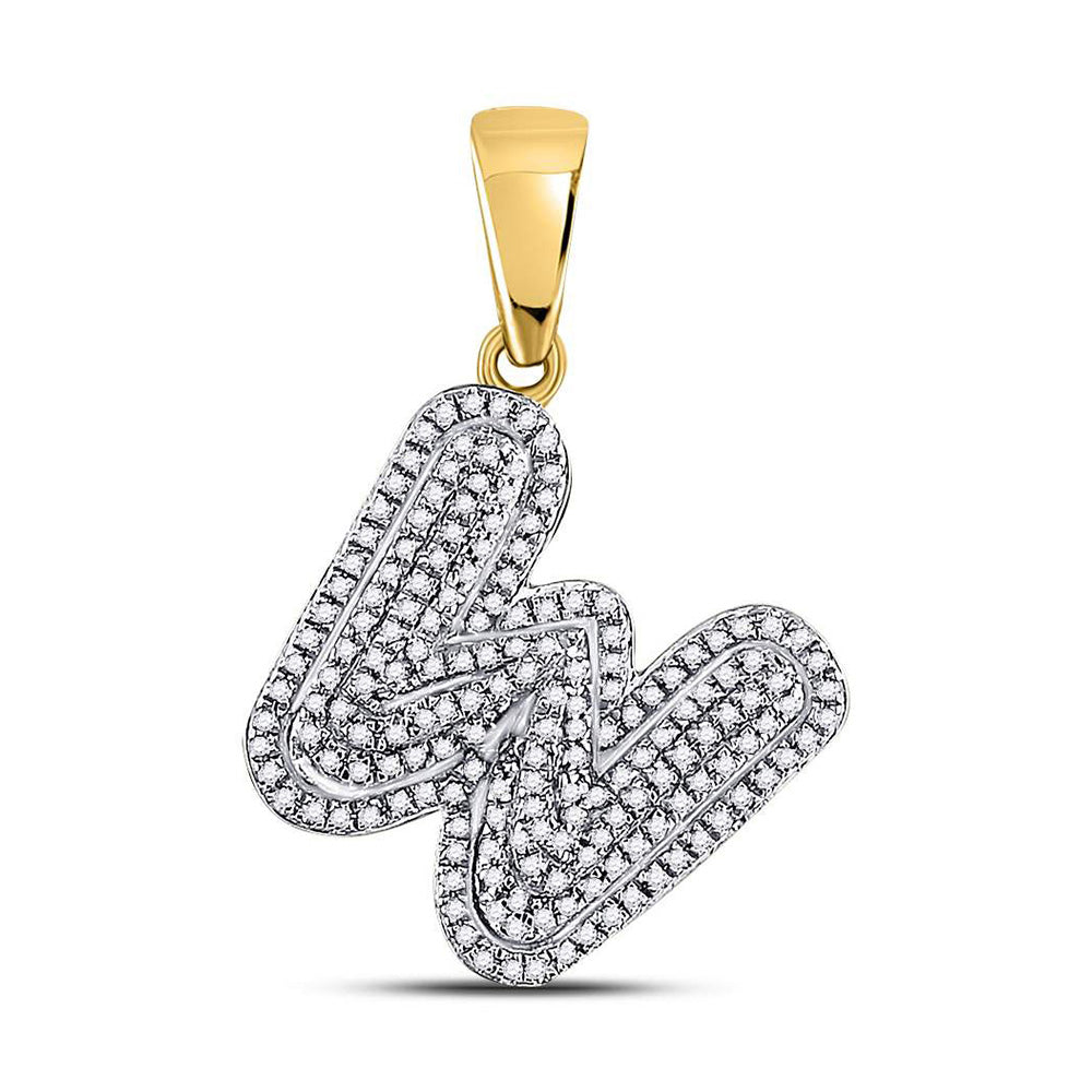 10kt Yellow Gold Mens Round Diamond Letter W Bubble Initial Charm Pendant 1/2 Cttw