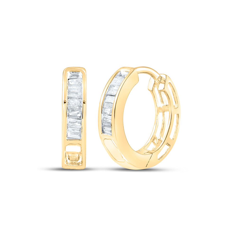 10kt Yellow Gold Womens Baguette Diamond Huggie Hoop Earrings 1/6 Cttw