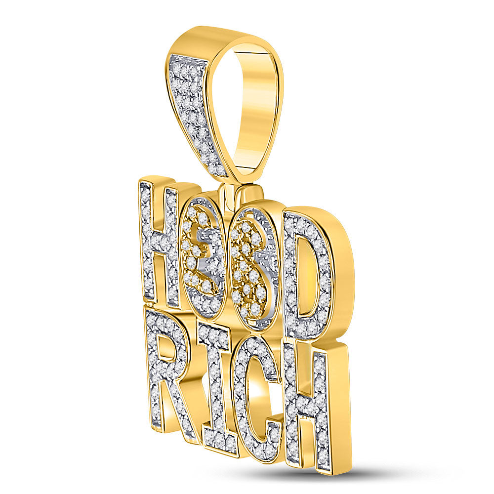 10kt Yellow Gold Mens Round Diamond Hood Rich Phrase Charm Pendant 1-3/4 Cttw