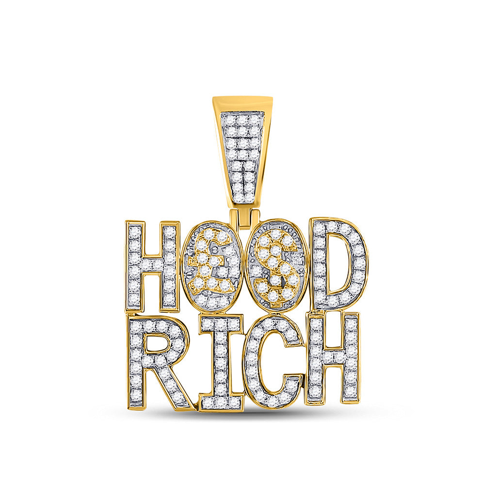 10kt Yellow Gold Mens Round Diamond Hood Rich Phrase Charm Pendant 1-3/4 Cttw