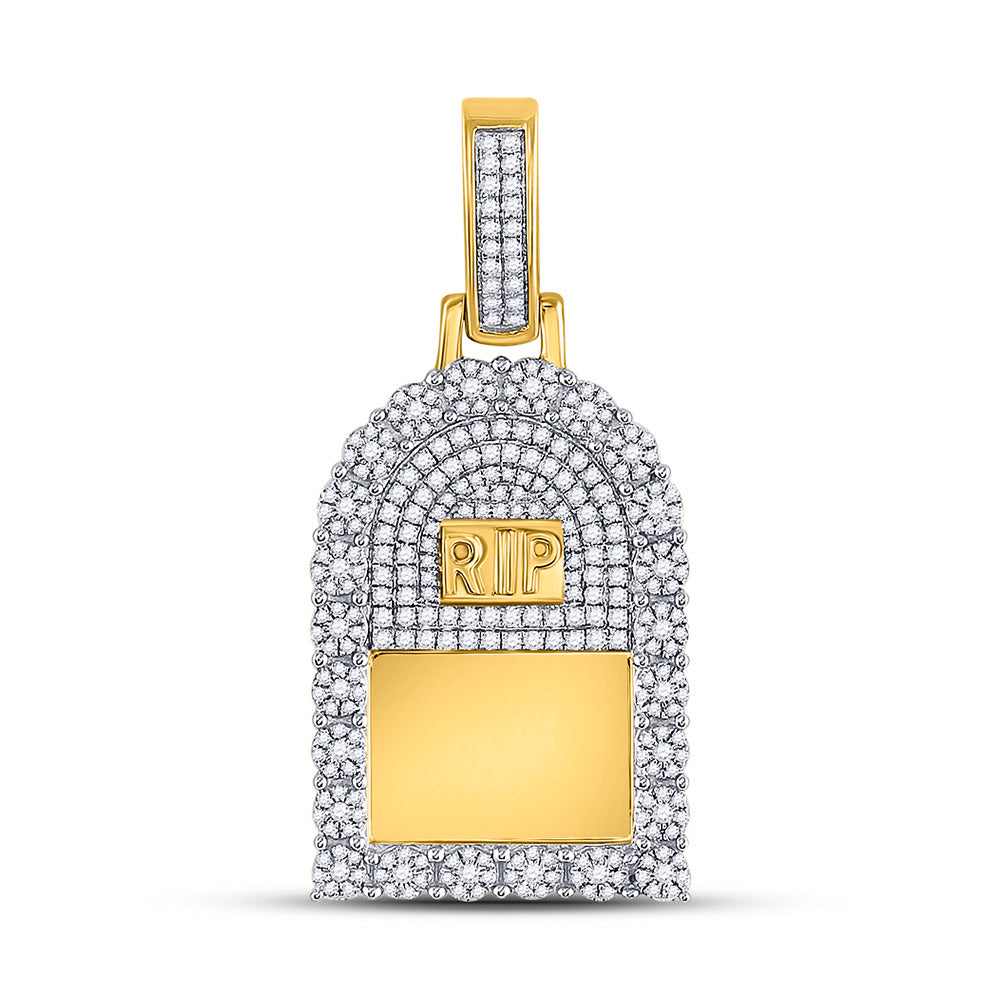 10kt Yellow Gold Mens Round Diamond Headstone RIP Picture Memory Pendant 1-1/2 Cttw