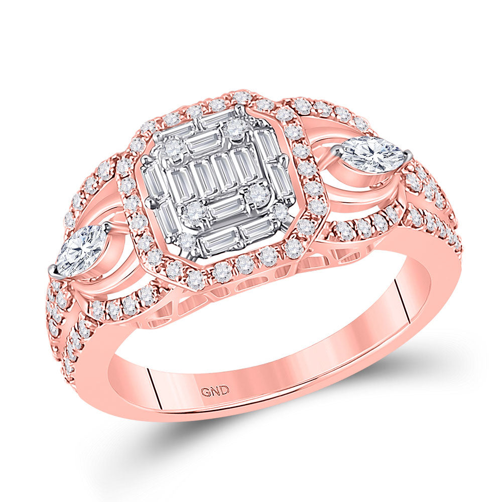 14kt Rose Gold Womens Baguette Diamond 3-Stone Cluster Ring 3/4 Cttw