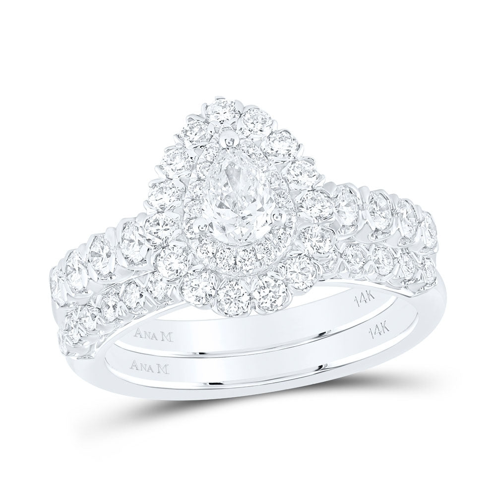 14kt White Gold Pear Diamond Halo Bridal Wedding Ring Band Set 1-1/2 Cttw