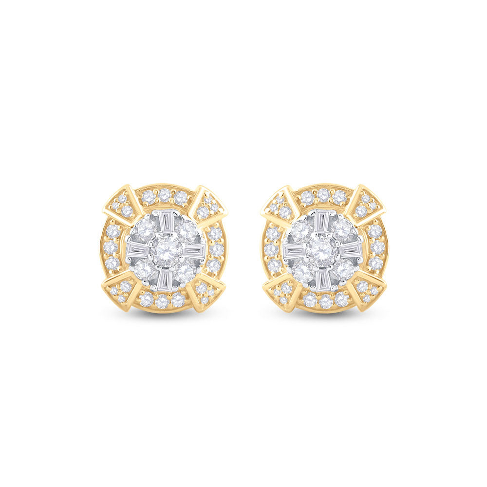 14kt Yellow Gold Mens Baguette Diamond Circle Cluster Earrings 3/4 Cttw