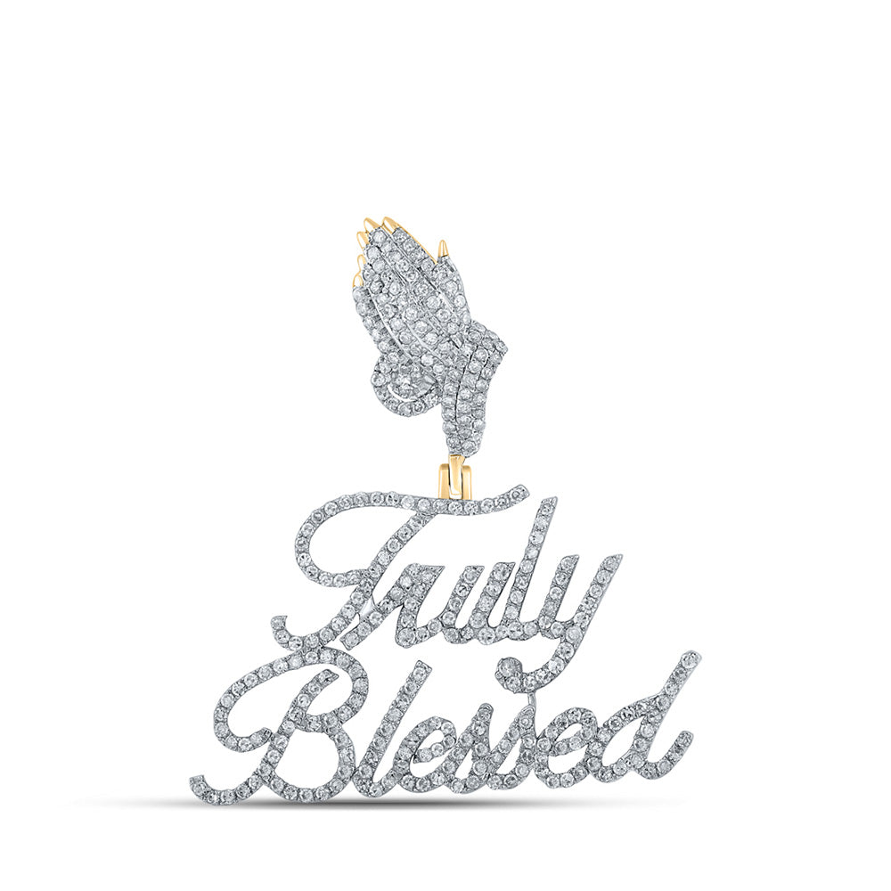 10kt Yellow Gold Mens Round Diamond Truly Blessed Phrase Charm Pendant 1 Cttw