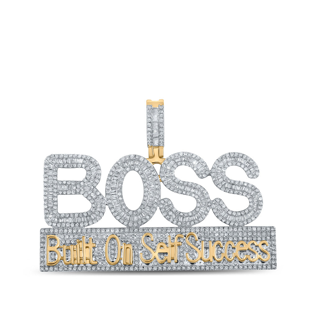 10kt Yellow Gold Mens Baguette Diamond BOSS Phrase Charm Pendant 2-3/8 Cttw